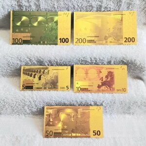 Set of 5 2002 Faux Gold Foil Euros in 200, 100, 50, 10, 5 Euro Dinominations!!